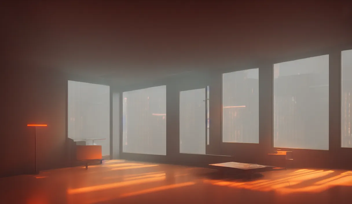 Image similar to an eco brutalist room with small windows, orange neon lights, dramatic lighting, hyper realistic, photography, 3 5 mm, kodak film, 8 k, octane render, unreal engine render, concept art, volumetric lighting, foggy