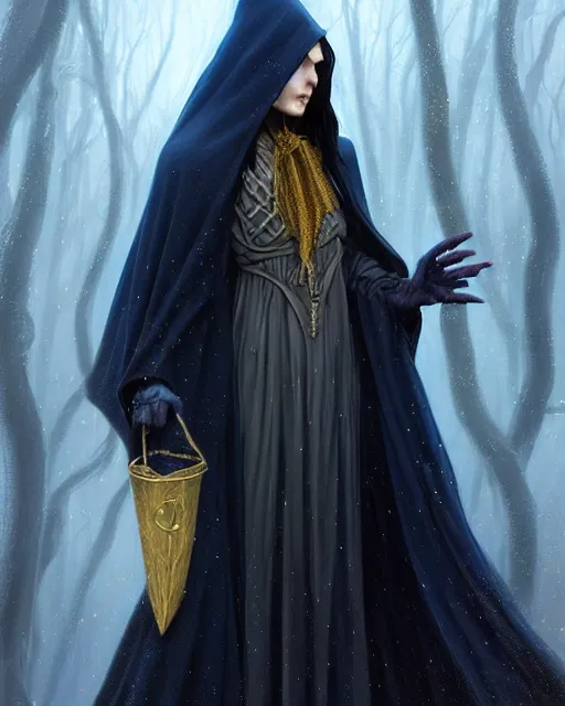 Prompt: wizard the sandman, long black hair blue wearing cloth mantle gothic navy cloak with gold details, tree town, fantasy character portrait, ultra realistic, intricate, elegant, cinematic lighting, highly detailed, digital painting, artstation, smooth, sharp, focus, illustration, art by artgerm and greg rutkowski and alphonse mucha