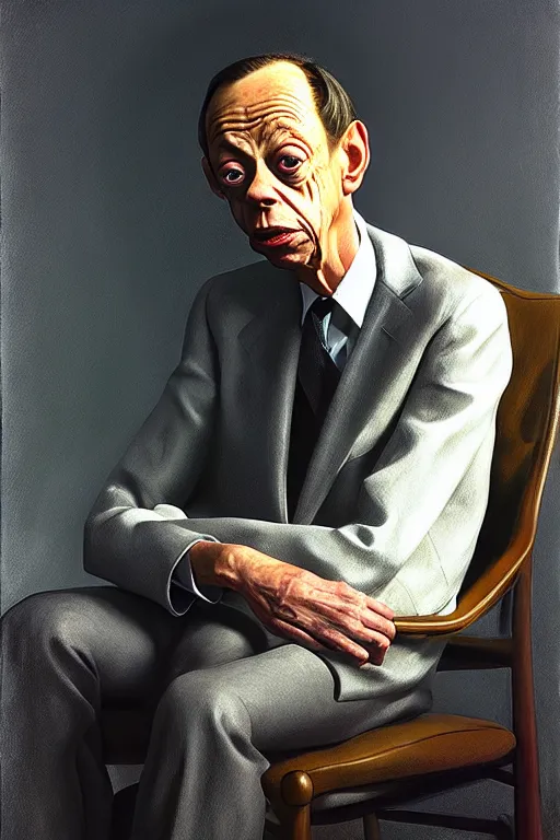 Image similar to portrait of don knotts sitting with full face full figure, in the style of expressionism, soft light, volumetric light, subsurface scattering, translucent skin, artstation, trending, andrew wyeth, jamie wyeth, john singer sargent,