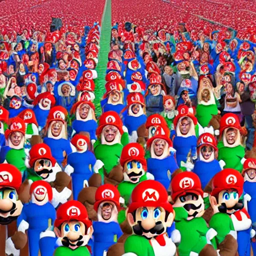 Image similar to photo of a crowd of super mario marios holding up the globe planet earth