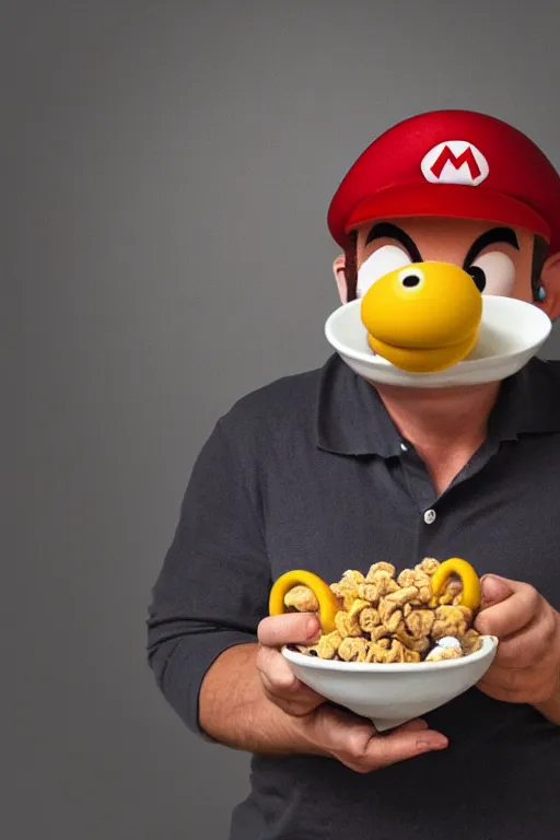 Prompt: mario holding a cereal bowl