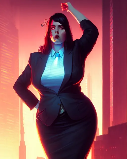 Image similar to cyberpunk corporate woman, overweight | | realistic shaded, fine details, realistic shaded lighting poster by greg rutkowski, diego gisbert llorens, magali villeneuve, artgerm, jeremy lipkin and rob rey