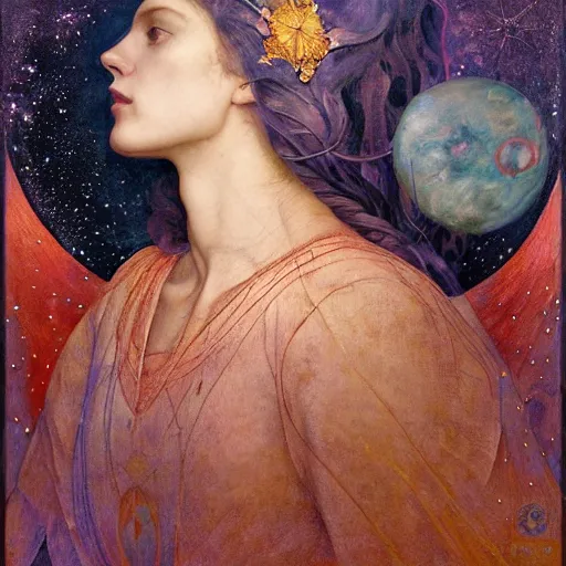 Image similar to queen of the moon with stars in her hair, by annie swynnerton and tino rodriguez and nicholas roerich and jean delville and donato giancola and tom bagshaw and evelyn demorgan and diego rivera, dramatic lighting, god rays, geometric tattoos, rich colors, smooth sharp focus, extremely detailed, adolf wolfli