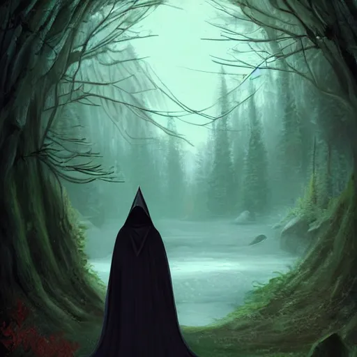 Image similar to a hooded figure standing, celestia, eden, river, fantasy artwork, award winning, very very very very very very very beautiful scenery, artstation