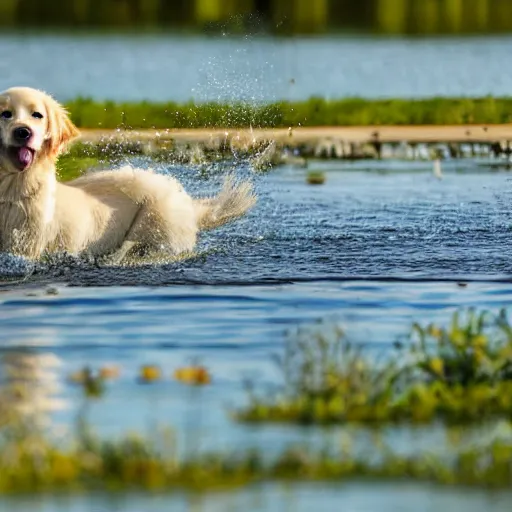 Prompt: a cream colored golden retriever puppy riding on a swan that is swimming in a pond, flowers everywhere, golden hour, beautiful landscape,