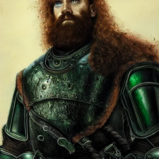 Image similar to portrait of a red haired dwarf - long curly hair, full beard, scar on the forhead, wearing leather armor with green accents, battleaxe on his back art by disney, digital art, highly detailed, intricate, sharp focus, 4 k uhd image