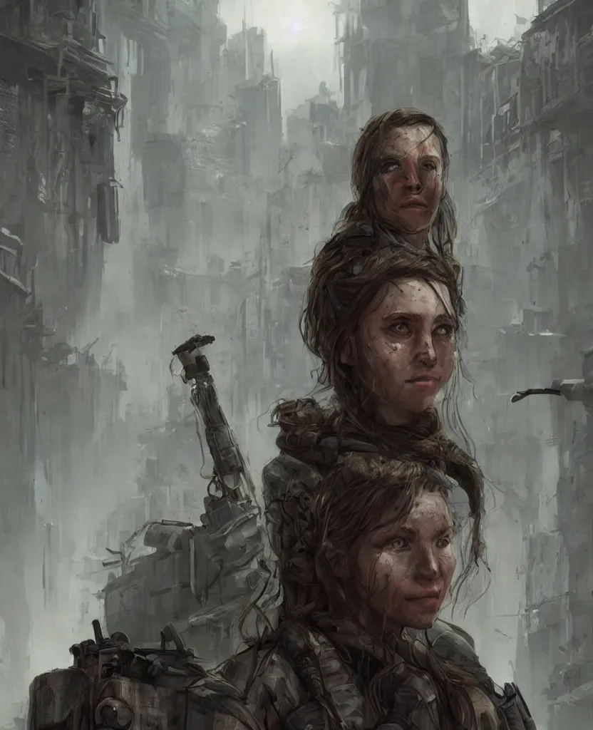 Prompt: portrait of survivalist woman in a post apocalyptic city, beautiful concept art trending on artstation by senior concept artist