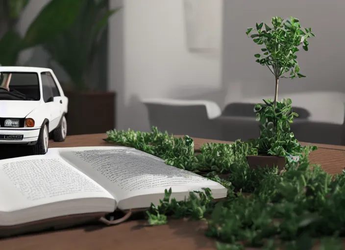 Prompt: a small miniature of a Peugeot 309 on a white table near a book and a vase with a plant, 3d render, octane render, unreal engine 5, path tracing, serene landscape, calm, relaxing, beautiful landscape, highly detailed, high quality, 4k, symmetrical, low contrast