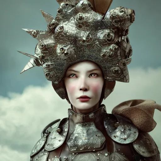 Prompt: medium shot of a woman wearing an armor made of thunderous clouds. coherent face. soft. fragile. by ray caesar. by louise dahl - wolfe. by anna claren. surreal photography. octane render