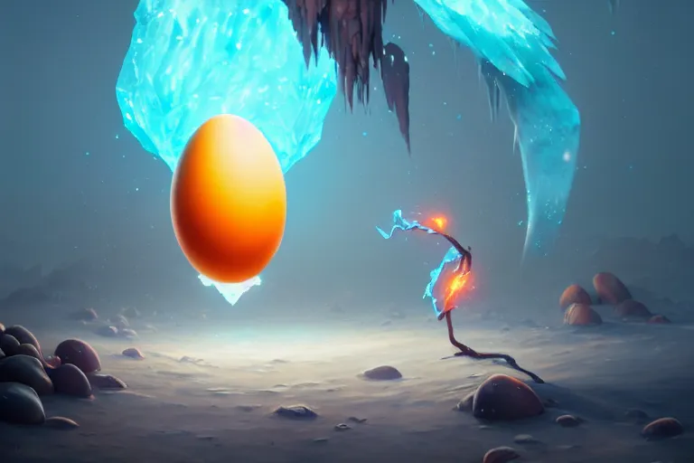 Prompt: magic frozen ice phoenix egg, rock and sand around, peter mohrbacher style, ray tracing, cinematic, digital art, realistic, octane render