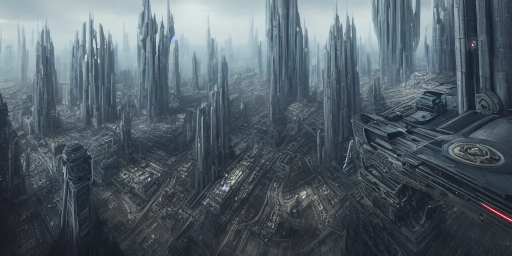 Image similar to ultra detailed, futuristic megalopolis, star wars, mandalorean, sci-fi, fantasy, dystopian, intricate details, monumental, photorealistic, surreal, artstation, concept art, smooth, sharp focus, masterpiece, atmospheric, hyperdetailed, Unreal Engine 5, octane render, Photorealism, 8k, cinematic, volumetric, art by h.r. giger and artgerm and greg rutkowski and alphonse mucha and loish and WLOP