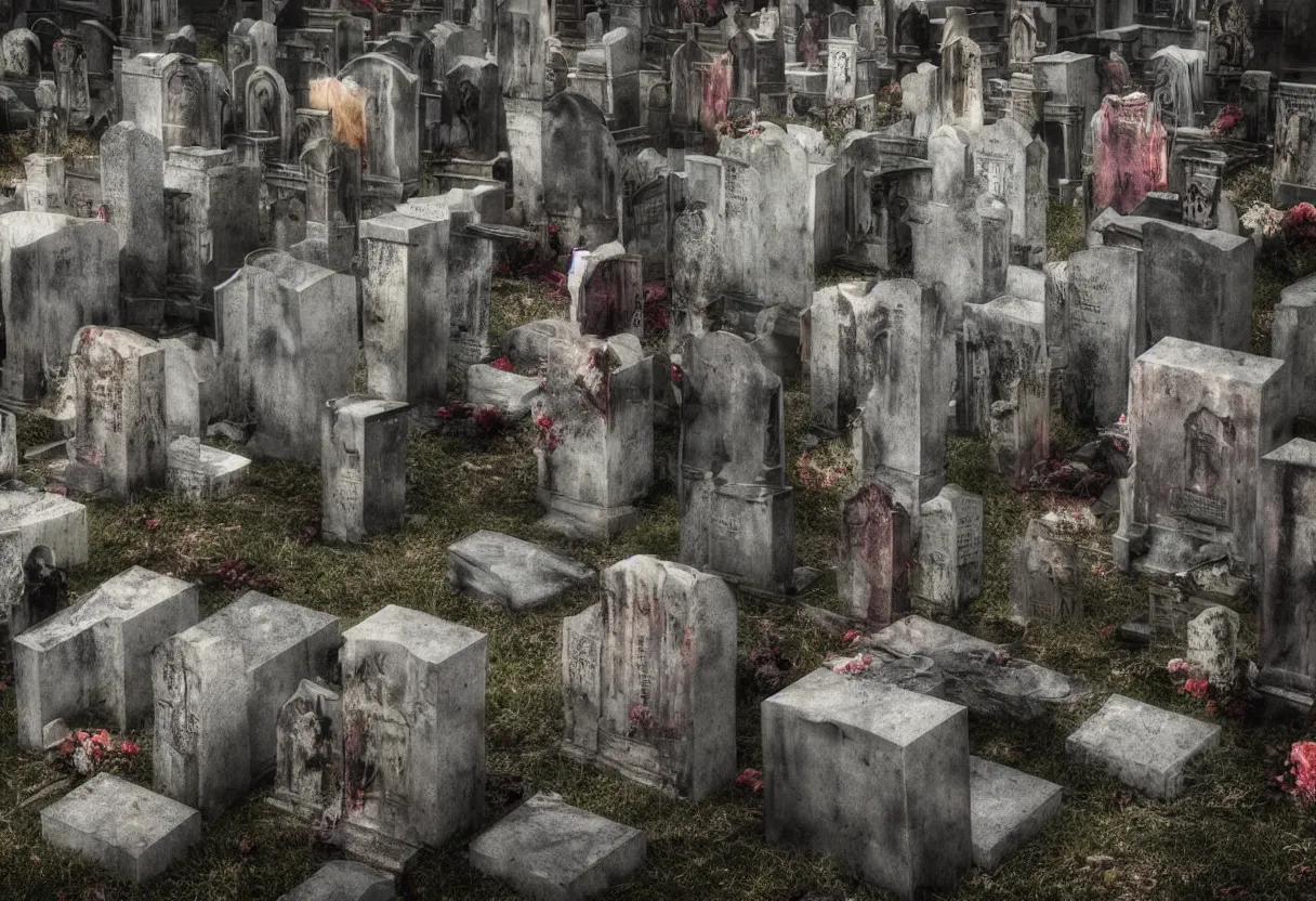 Image similar to decaying faces among the tombstones in demonic cemetary, colorfully ominous background, minimalism, hyper realism, matte painting, realistic, dramatic lighting, octane render, highly detailed, cinematic lighting, cinematic