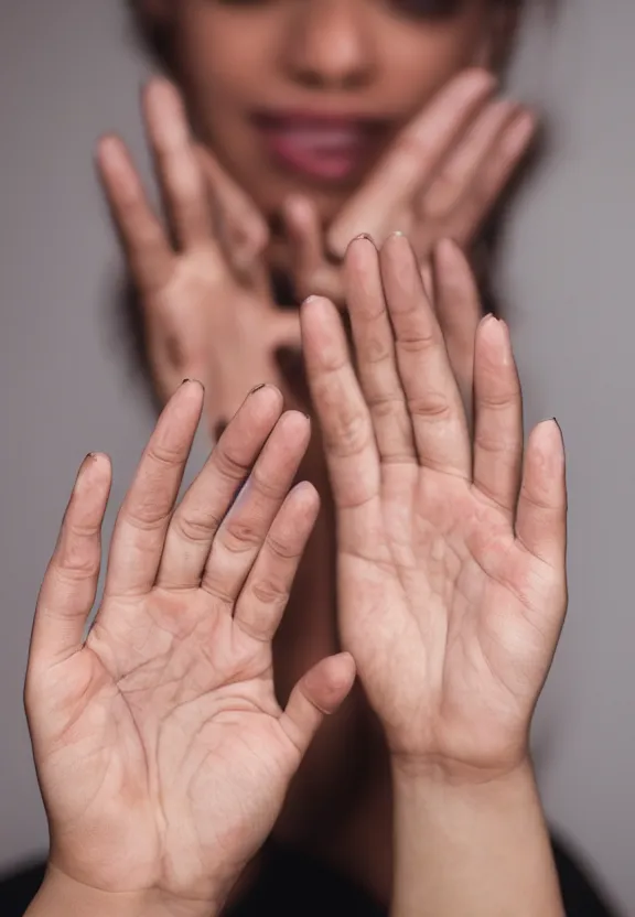 Image similar to photorealistic woman's hand with palm up, palm pattern visible, five fingers, pov photo, instagram photo, studio photo, 9 0 mm, f / 1. 4