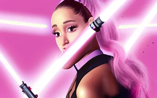 Image similar to A hyper realistic photo of Ariana Grande in the Star Wars universe with two pink lightsabers. Maximum detail on artstation, photo realism