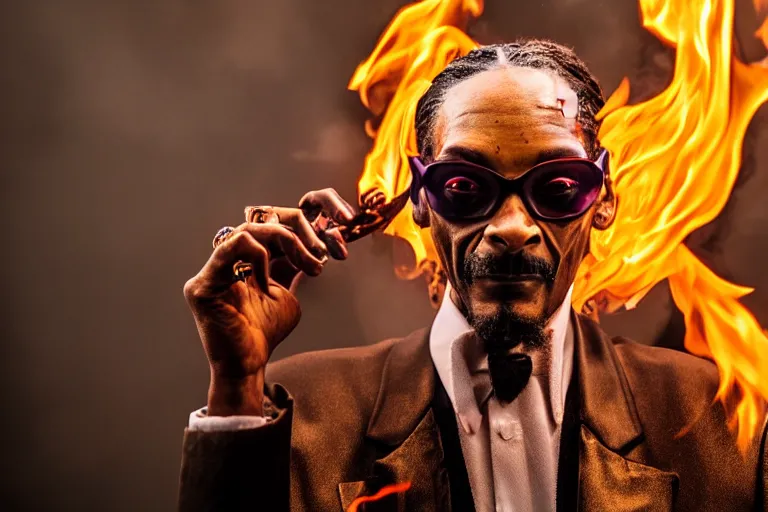 Prompt: snoop dogg wearing glasses and makeup like The Joker, standing in hell surrounded by fire and flames and bones and brimstone, portrait photography, depth of field, bokeh