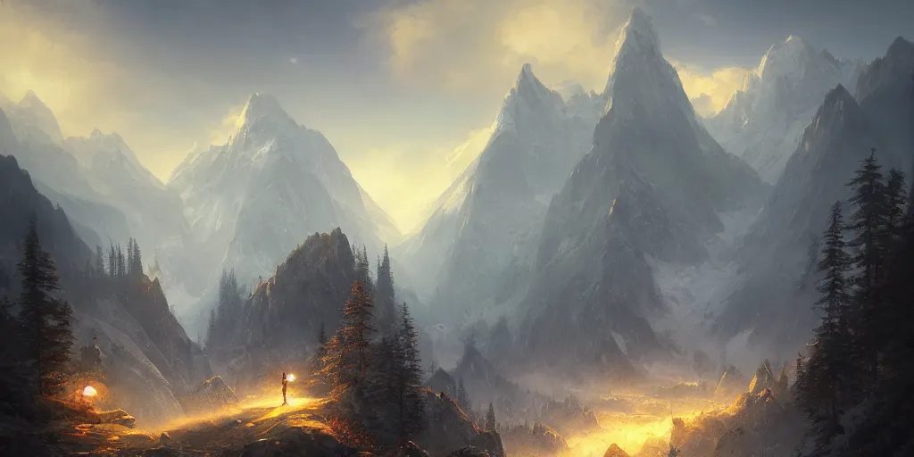 Image similar to beautiful fantasy alps landscape, godrays, magnificent, luxury, detailed, sharp focus, close up, low angle, high detail, volumetric, illustration, cold lighting, by jordan grimmer and greg rutkowski, trending on artstation, pixiv