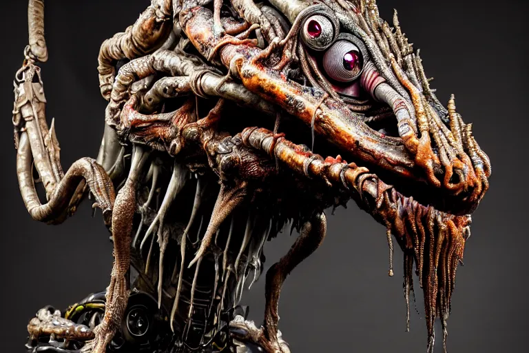 Image similar to wide angle photo taken of an epic intricate, ultra detailed, super realistic gritty, hero prop, exquisitely weathered animatronic movie prop of a lifelike sculpture of a wet, slimy nightmarish hellish alien creature displayed in the workshop, created by weta workshop, full body shot, photorealistic, sharp focus