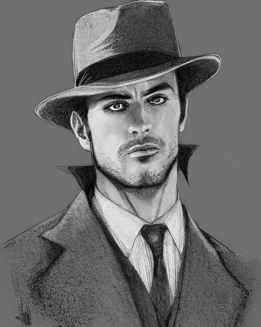 Image similar to portrait of a detective, zoomed in, noir, fedora, tweed coat, confident, handsome, heavy shading, vintage, high quality, by artgerm, artstation, ( ( ( by ilya repin ) ) )