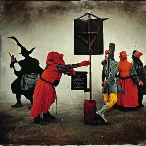 Prompt: 1 9 9 3 disposable camera color flash photo of a gang of plague doctors in the style of jan saudek, annie liebovitz, pieter bruegel the elder, joel peter witkin, gustave dore, heironymus bosch