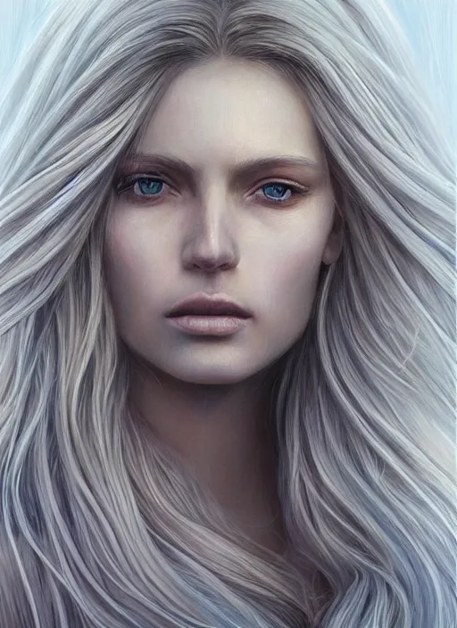 Image similar to a painting of a woman with long blonde hair, a photorealistic painting by magali villeneuve, featured on cgsociety, fantasy art, detailed painting, photorealistic