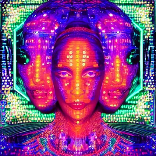 Image similar to hyperdetailed masterpiece portrait of a glossy dark blue metallic statue of a woman covered in colorful glowing digital circuits and hexagons, symmetrical, in the style of virgil abloh, offwhite, heron prestorn, denoise, vogue, paris, fashion, louvre museum, highly detailed, realistic, hyperreal, 8 k, 4 k, render