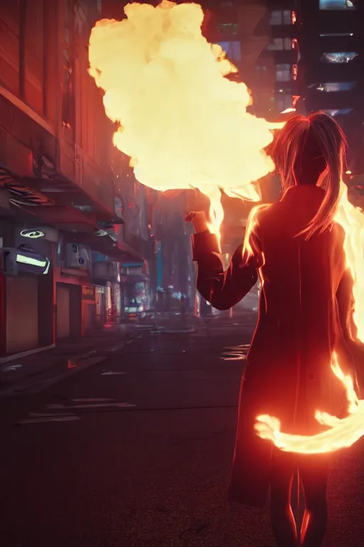 Image similar to young blonde woman from behind with flames dancing on her hands with a long jacket in a cyberpunk city, realistic, high definition, 4K, shimmering color, art of unreal engine 5