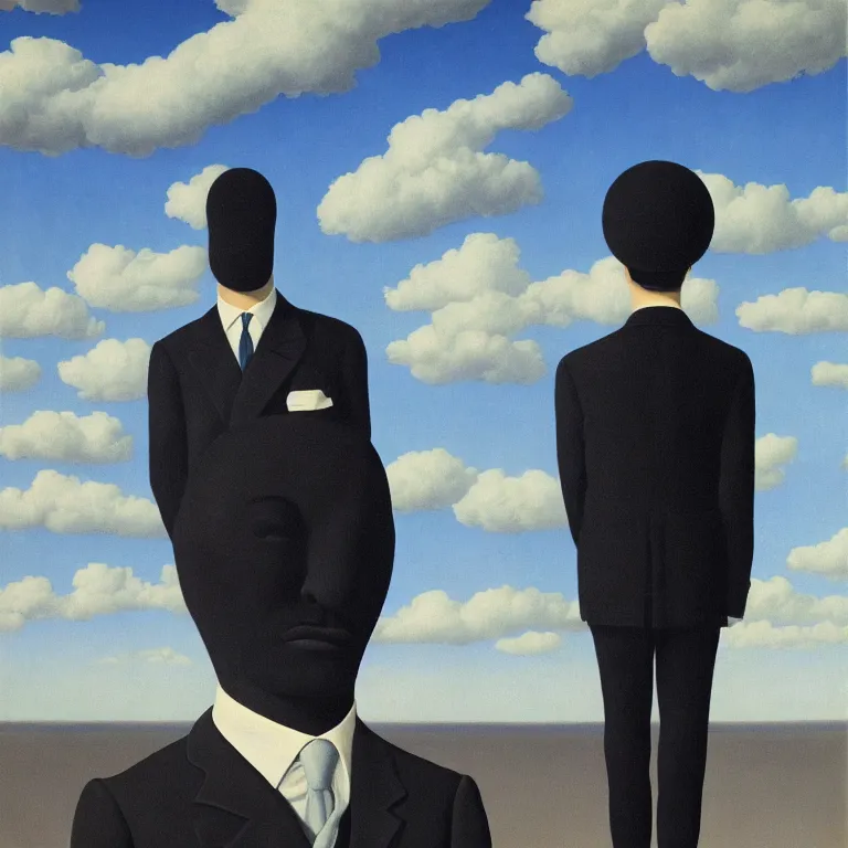 Image similar to portrait of a faceless shadow - head man in a suit, clouds in the background, by rene magritte, detailed painting, distance, centered, hd, hq, high resolution, high detail, 4 k, 8 k