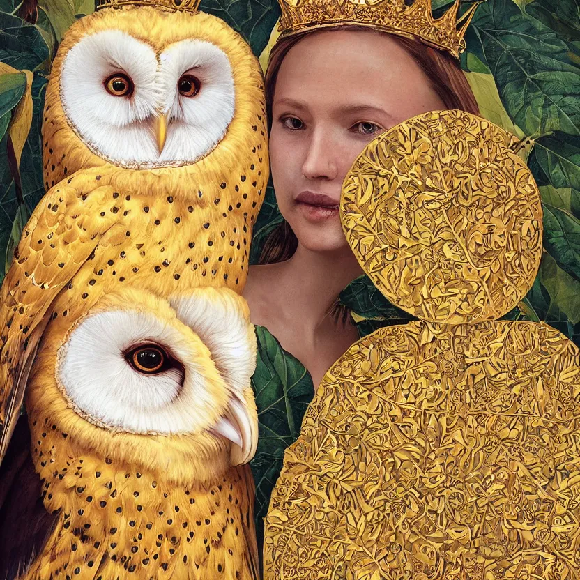 Image similar to portrait photograph of an extremely beautiful!!!! young female , symmetric face!, symmetric round detailed eyes!!, slight smile, natural light, wearing a yellow kimono!! with a very detailed barn owl! on her shoulder in a tropical greenhouse. looking at the camera!!. golden crown made of golden leaves. super resolution. Extremely detailed. Graflex camera!, bokeh!!!!!.