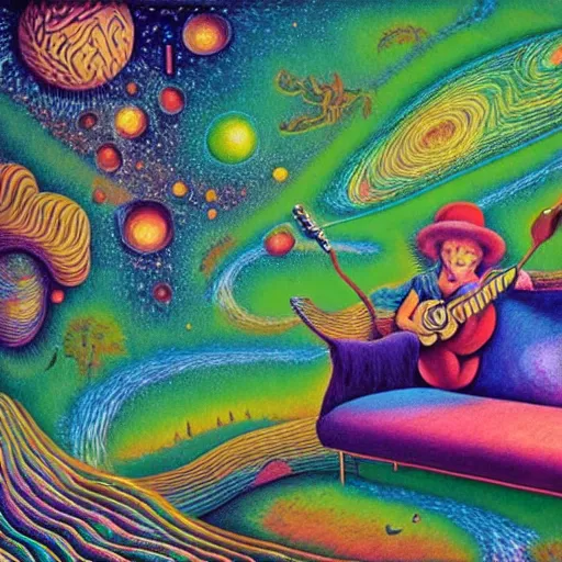 Image similar to psychedelic couch sofa in the lush forest, guitar, milky way, designed by moebius, rob gonsalves, gustav dore, giuseppe arcimboldo and carl barks, louis wain, trending on artstation, canada, star, sharp focus, colorful refracted sparkles and lines, soft light, 8 k 4 k