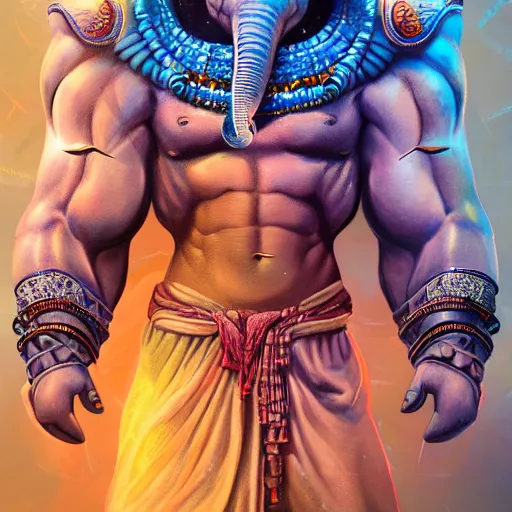 Image similar to muscular, blue bodied lord shiva, engineering a half elephant, half human being, vivid and colorful, cinematic, highly detailed, artstation