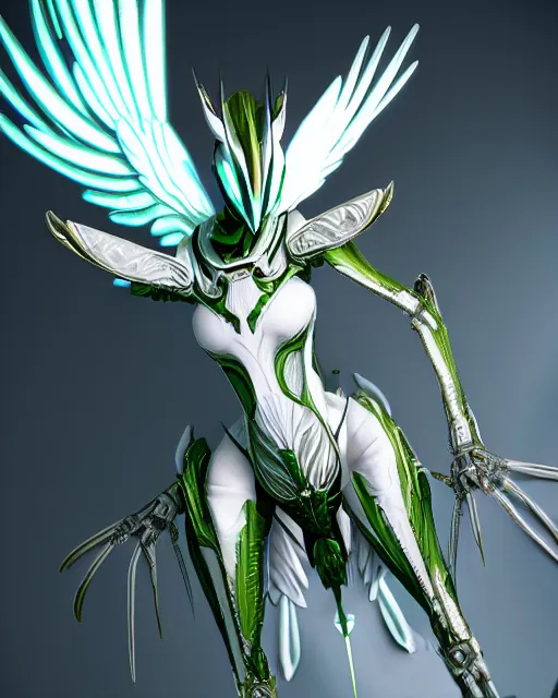 Prompt: preying mantis wearing white dove wings, warframe armor, regal, attractive, ornate, sultry, sexy, beautiful, elize theron, pretty face, green eyes, scifi platform, 4 k, ultra realistic, epic lighting, illuminated, cinematic, black gold, art by akihito tsukushi, voidstar