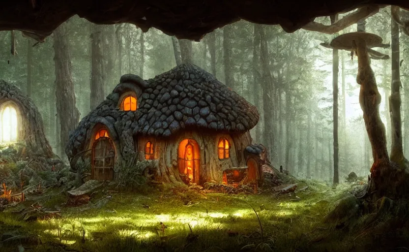 Prompt: A mushroom house in a mushroom, warm light coming from the windows, in a dark forest, macro, cool tones, underexposed, overecast, mysterious matte painting by greg rutkowski and marc simonetti and Ivan Shishkin, 4k