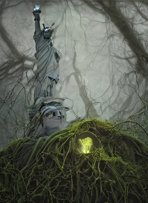 Image similar to hyper detailed oil painting of the statue of liberty; cracked, decaying, covered in moss and vines; thunderstorm; moody cinematic lighting, painted by Greg Rukowtski, trending on Artstation