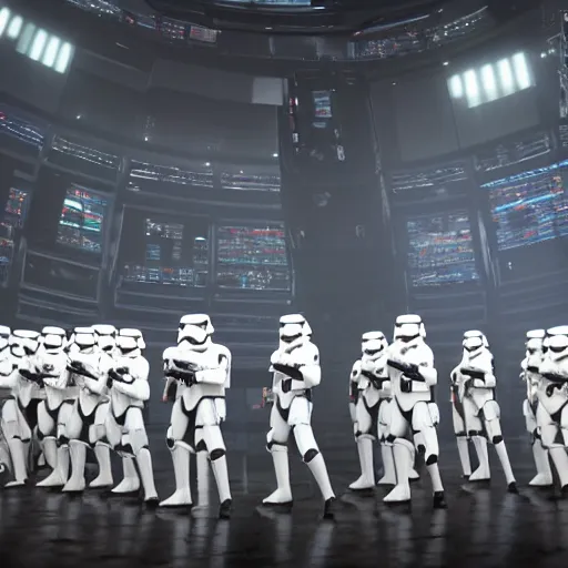 Prompt: extreme long shot of a orderly huge crowd of imperial stormtroopers, officers and more, in combat gear stand at attention beneath the reviewing stand at the death star, listening to a speech live by the emperor, 8 k, unreal 5, octane render, majestic, superb, cinematic, atmospheric, dramatic, hyperrealism, cgi art, volumetric lighting, photoshopped, intricate digital art