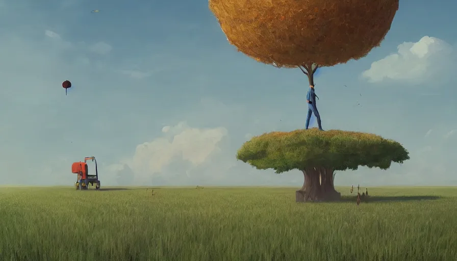 Image similar to floating hexagon in the sky, wheat field harvesting, big tree, person, matte painting, art station, blue sky, simon stalenhag