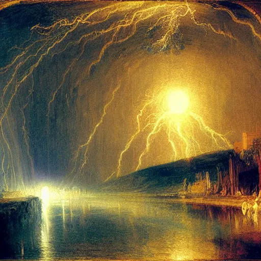 Image similar to river of lightning beneath a full moon, thomas cole, j.m.w. turner, howard hawks