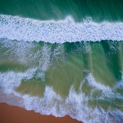 Prompt: waves rock sand, beautiful ambient light, top down drone shot, 8k