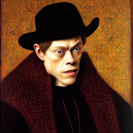 Image similar to portrait of the son of chris hemsworth willem dafoe steve buscemi, dane dehaan, oil painting by jan van eyck, northern renaissance art, oil on canvas, wet - on - wet technique, realistic, expressive emotions, intricate textures, illusionistic detail