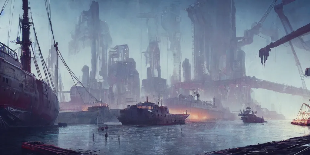 Image similar to old gigantic futuristic rusty boat, harbour of cyberpunk city, mist, cranes, spaceship cargo in dry dock, morning, some seagulls, greg rutkowski, artstation