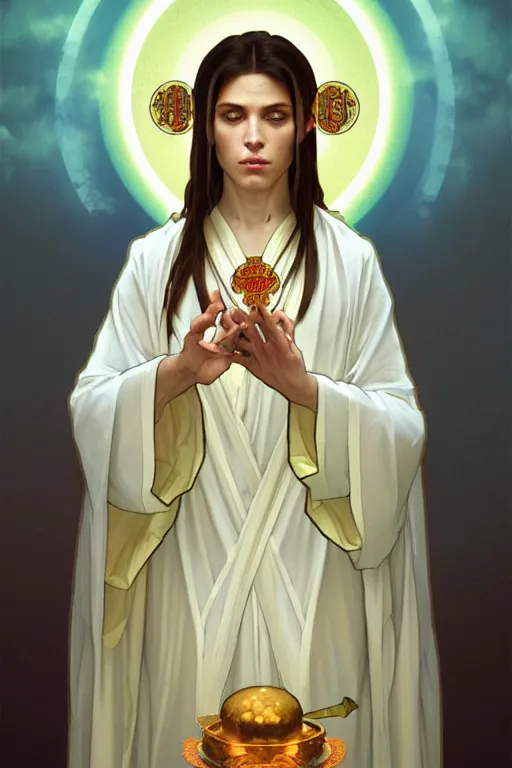 Prompt: bizantine icon portrait of a holy monkey, radiant halo, priestly fluent robes, blessing pose, by greg rutkowski and alphonse mucha, d & d character, gradient cyan to white, painted clouds background, highly detailed portrait, digital painting, artstation, concept art, smooth, sharp focus ilustration, artstation hq