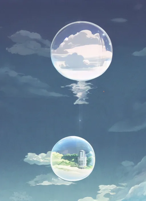 Image similar to an asymmetrical cell - shaded studio ghibli concept art study of a huge silver cube ufo inside a transparent bubble in the sky. wide shot, very dull colors, hd, 4 k, hq