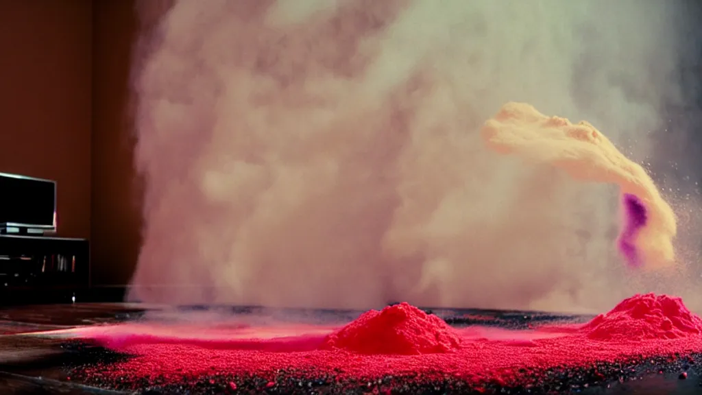 Image similar to colored powder explosion in the living room, film still from the movie directed by Denis Villeneuve with art direction by Salvador Dalí, wide lens