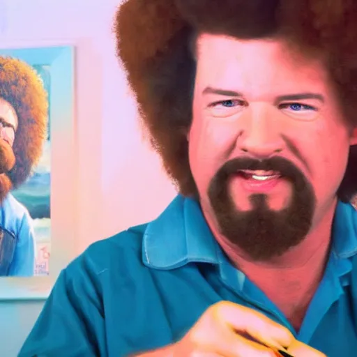 Prompt: a closeup photorealistic photograph of bob ross detailing a canvas painting of kenny powers. film still. brightly lit scene. this 4 k hd image is trending on artstation, featured on behance, well - rendered, extra crisp, features intricate detail, epic composition and the style of unreal engine.