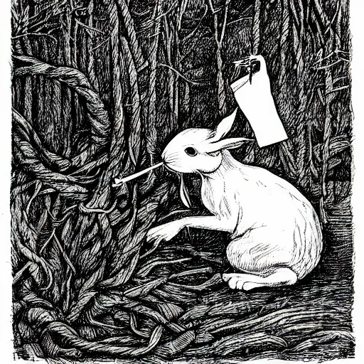 Image similar to a pen and ink drawing of a white rabbit smoking a cigarette while reclining in a deep dark tangled forest, a lingering smoke cloud, childrens book illustration, by edward gorey, by gustav dore