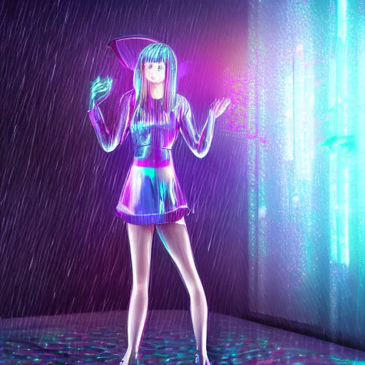 Image similar to hyperdetailed digital beautiful girl wearing a short skirt in the rain interacting with a holographic interface on a wall in a future cyber punk style city trending on art station