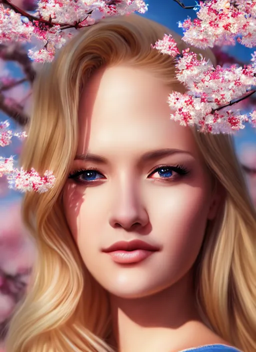 Image similar to photo of a gorgeous blonde female in the style of stefan kostic, realistic, half body shot, sharp focus, 8 k high definition, insanely detailed, intricate, elegant, art by stanley lau and artgerm, extreme blur cherry blossoms background