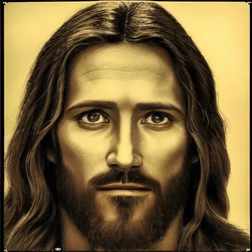 Image similar to A photograph portrait of Jesus Christ, taken in the early 1970s, grainy, taken on a 1970s Polaroid Camera, realistic, hyperrealistic, very realistic, highly detailed, very detailed, extremely detailed, detailed, digital art, trending on artstation, B&W