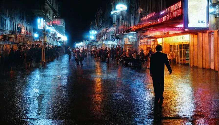 Image similar to hyper-realistic 2010s movie still of Le juge françois Renaud in a street a night, by Paolo Sorrentino, Cinestill 800t 35mm, beautiful color, high quality, neon billboards and streetlight, rain, lens flare