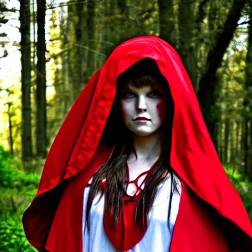 Image similar to photo of a real-life beautiful red riding hood warrior