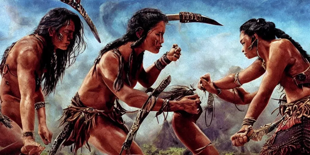 Image similar to movie, ancient Battlefield, beautiful brutal aztec and Amazonian females fight, epic, vintage, blood, slight inspiration of Boris vallejo and apocalypto